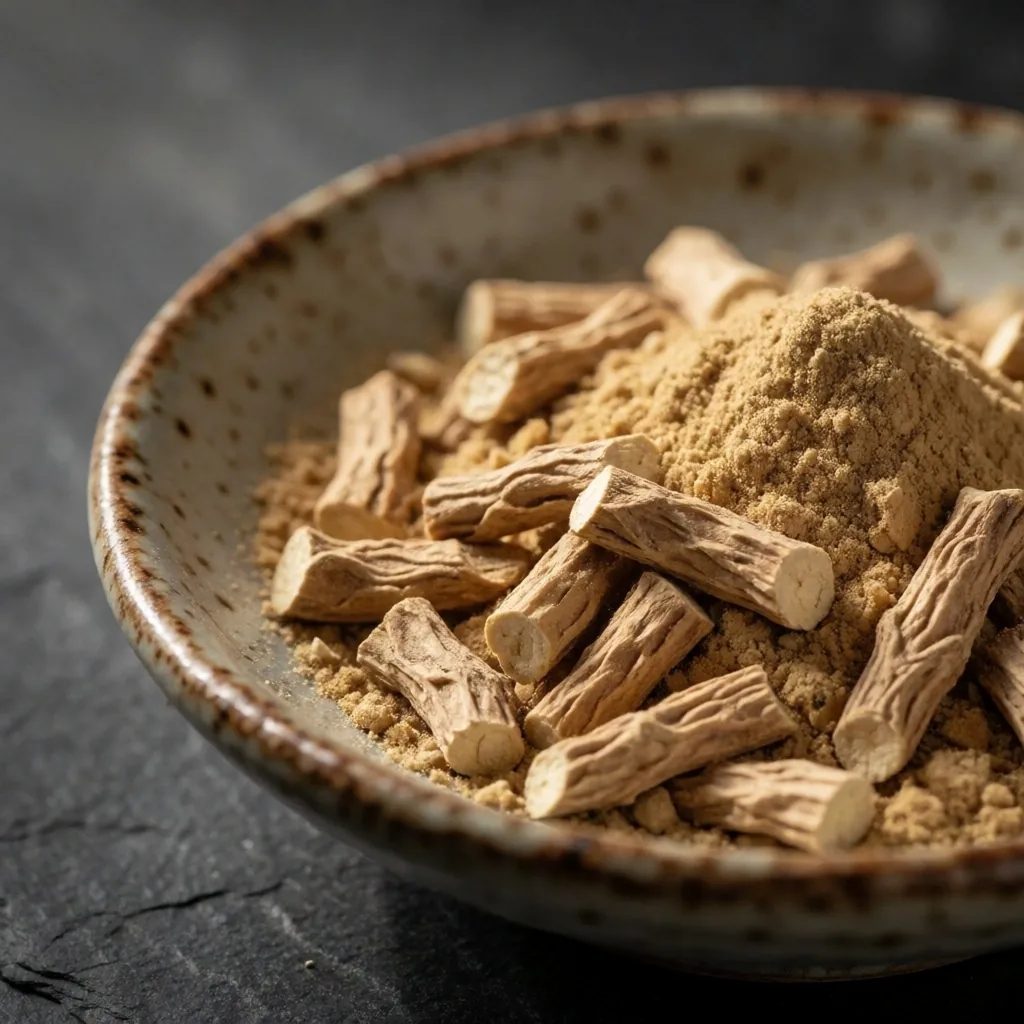 Dried ashwagandha root powder in a ceramic bowl