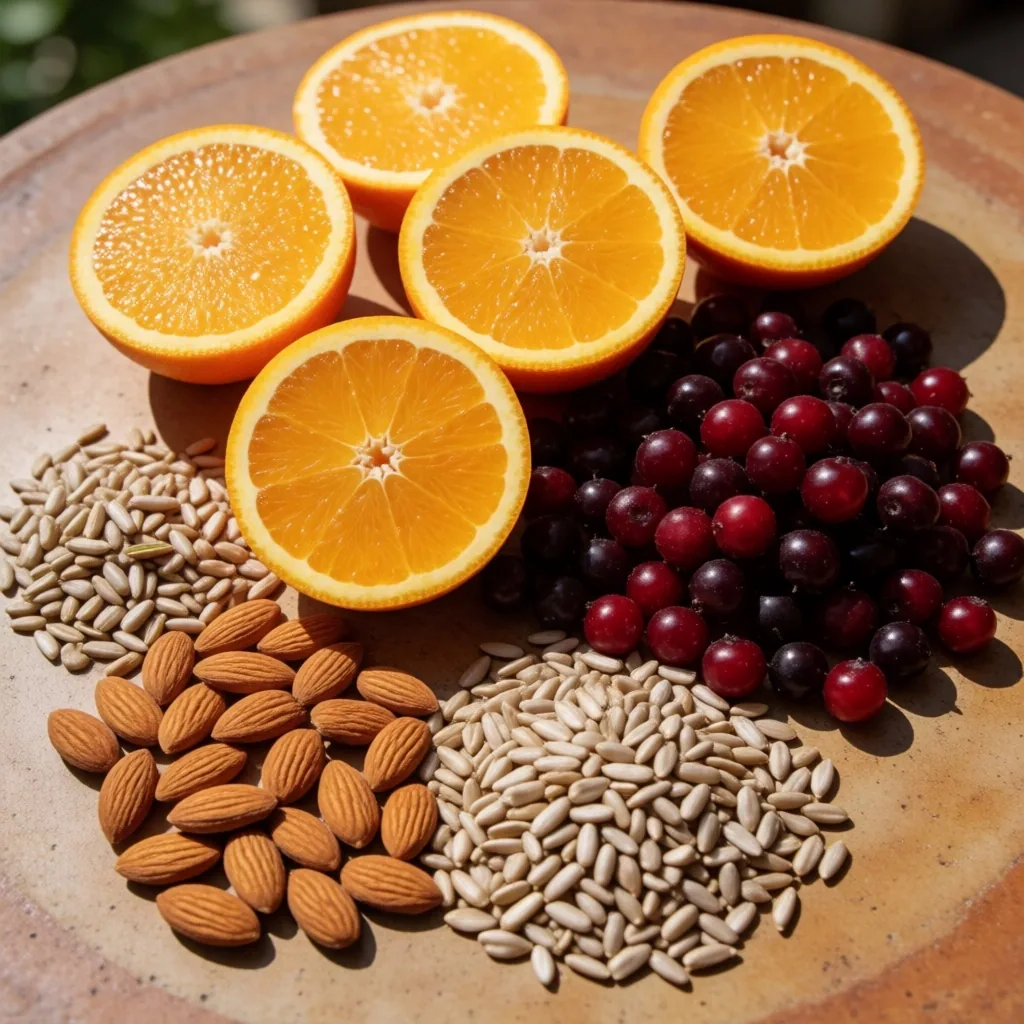 Vitamin C and E rich foods on ceramic table