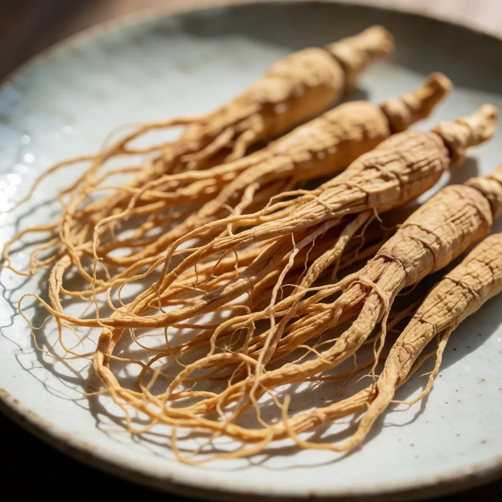 Dried ginseng roots arranged on a pale ceramic plate