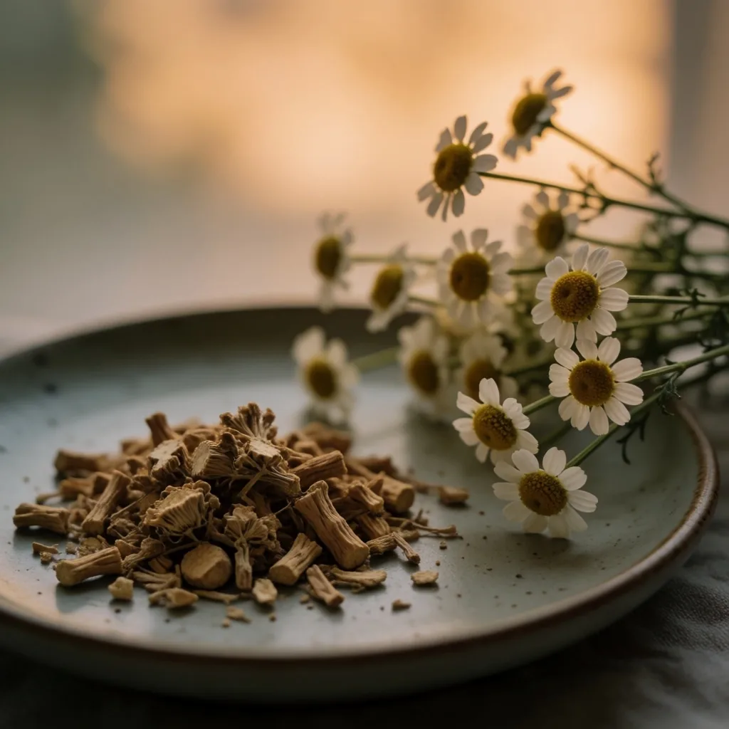 Valerian root and chamomile on ceramic plate